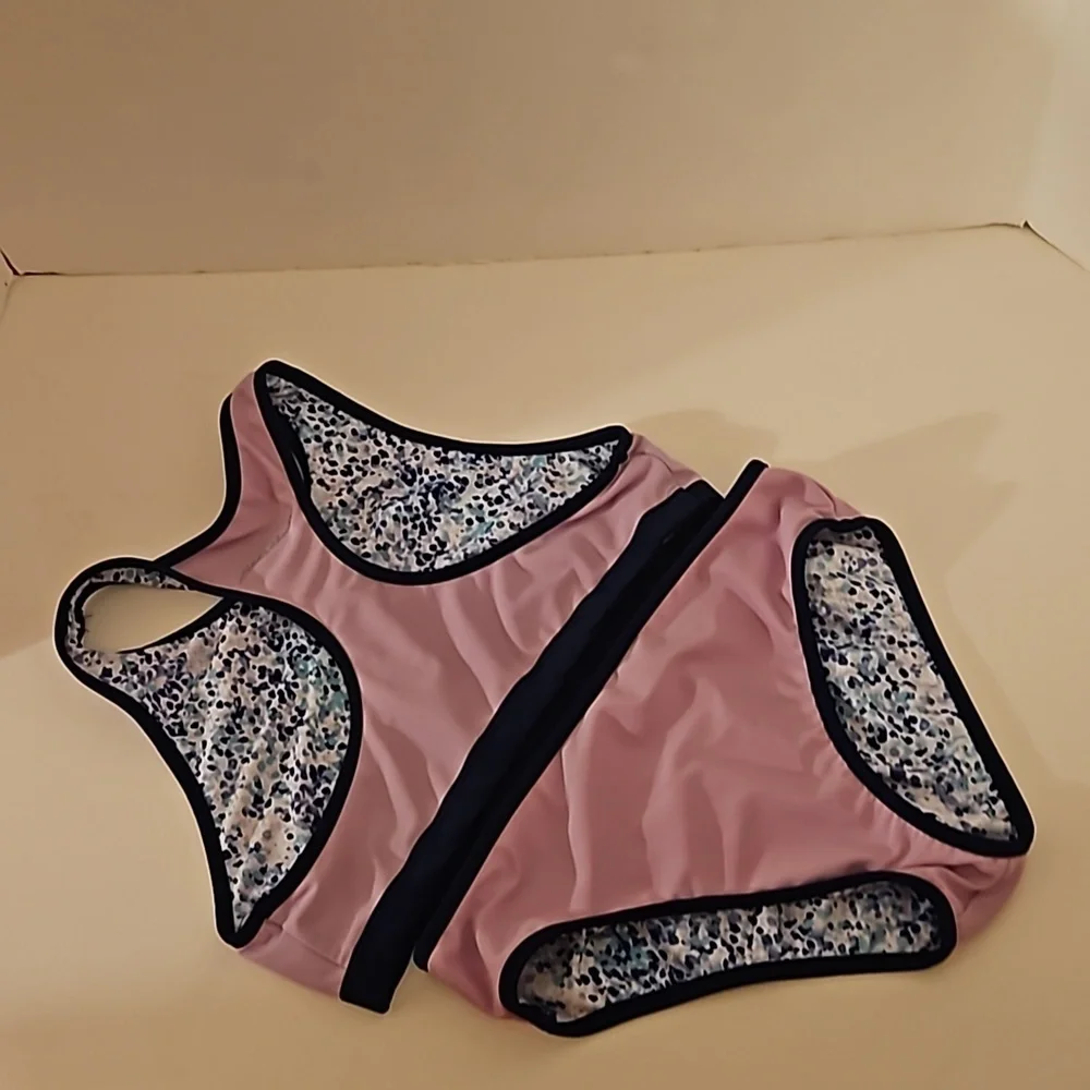 Eddie Bauer Girls L 2-piece Reversible Swimsuit Navy Blue Polka-dot and Purple